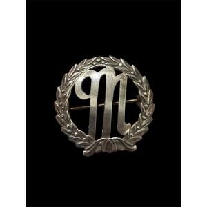 MCM Initial M Brooch In Laurel Wreath Sterling Silver 1940’s 925